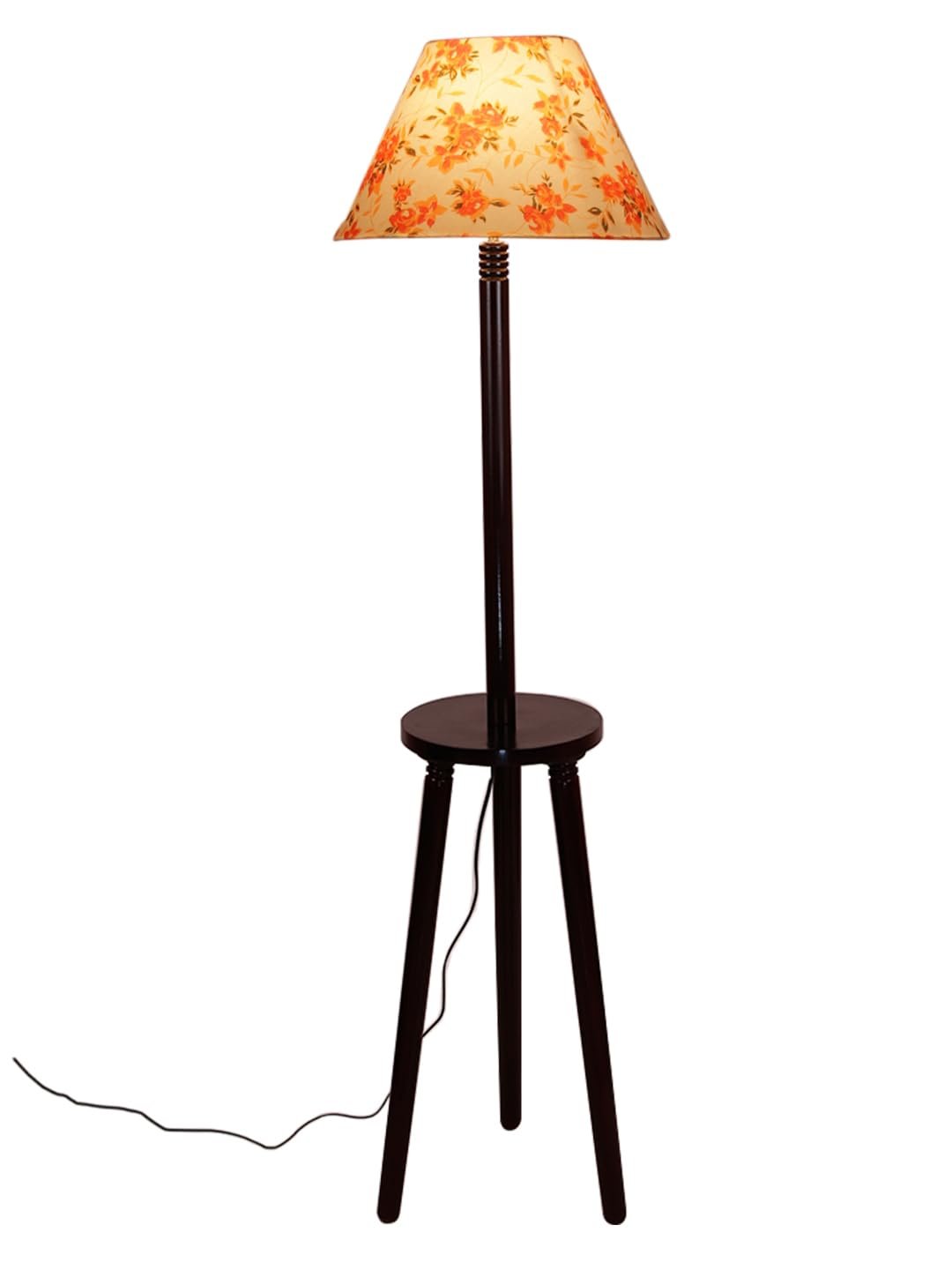 Printed Cotton Conical Wooden Floor Lamp -33-(14x55.75inches) -Tripod Brown