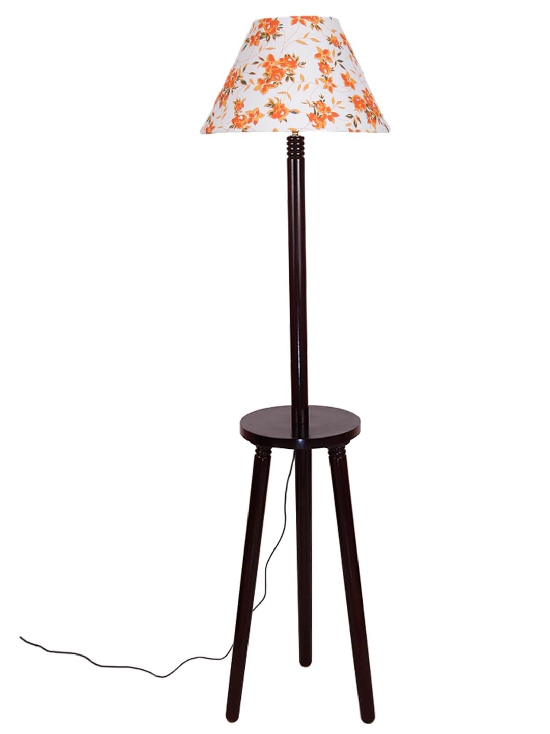 Printed Cotton Conical Wooden Floor Lamp -33-(14x55.75inches) -Tripod Brown