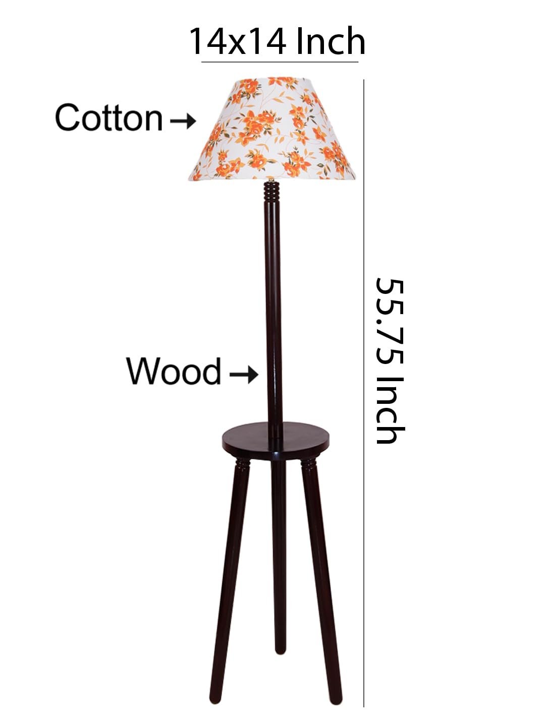 Printed Cotton Conical Wooden Floor Lamp -33-(14x55.75inches) -Tripod Brown