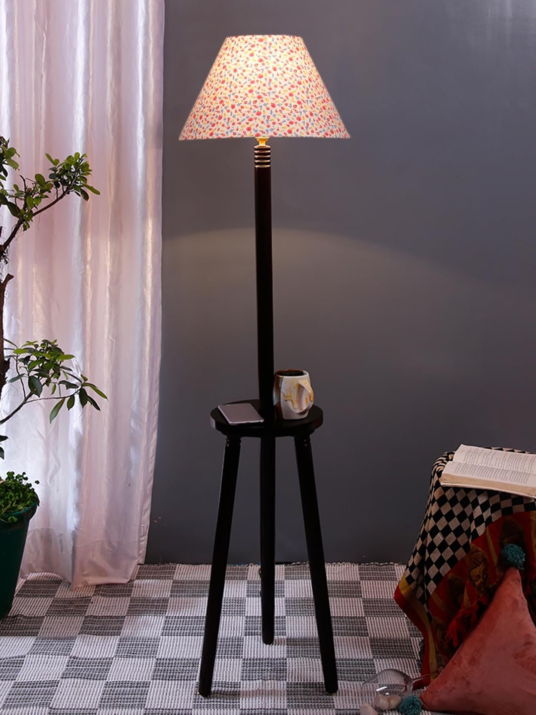 Printed Cotton Conical Wooden Floor Lamp -34(14x55.75inches) -Tripod Brown