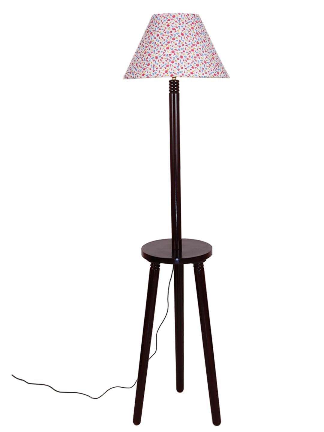 Printed Cotton Conical Wooden Floor Lamp -34(14x55.75inches) -Tripod Brown