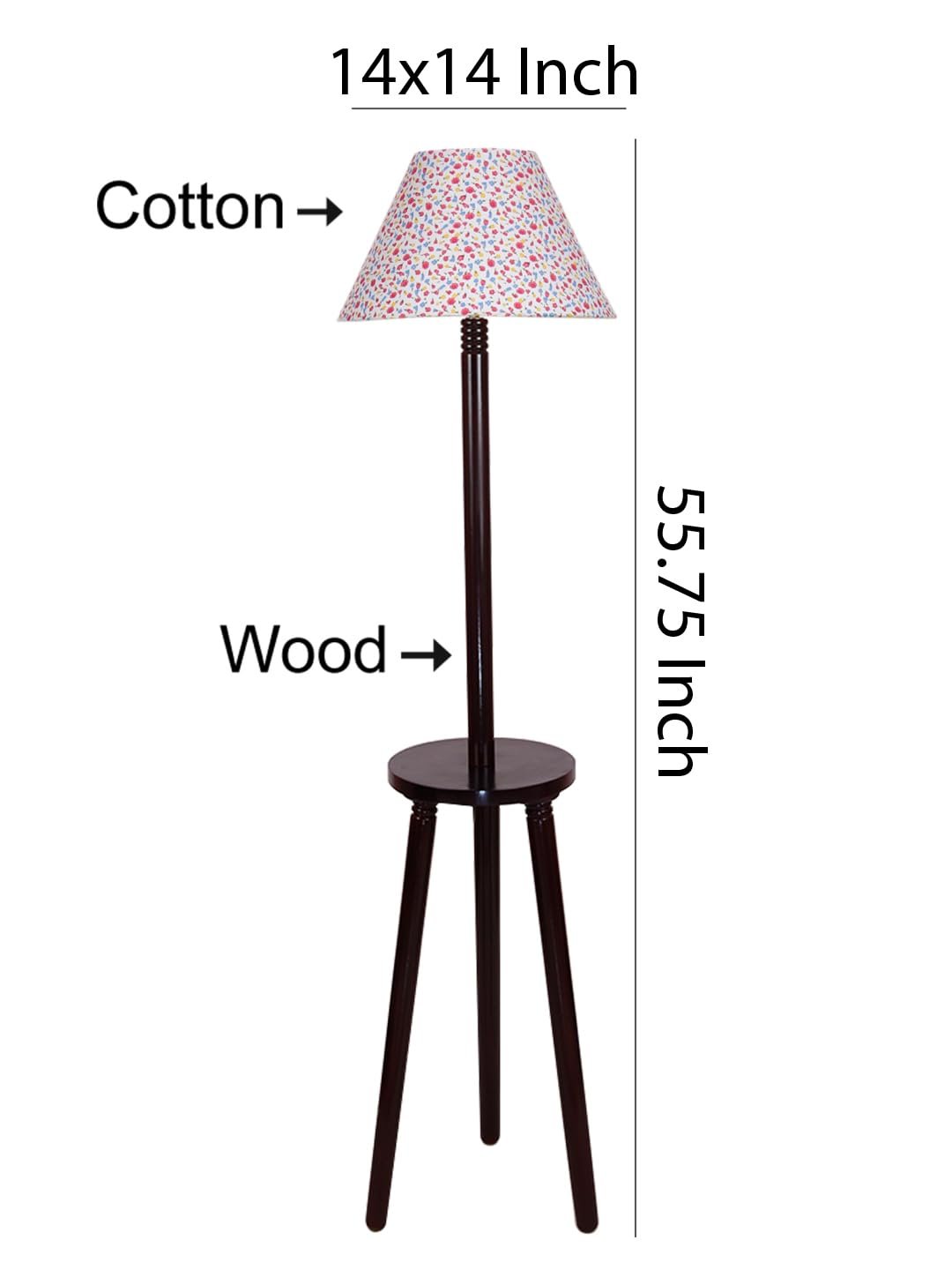 Printed Cotton Conical Wooden Floor Lamp -34(14x55.75inches) -Tripod Brown