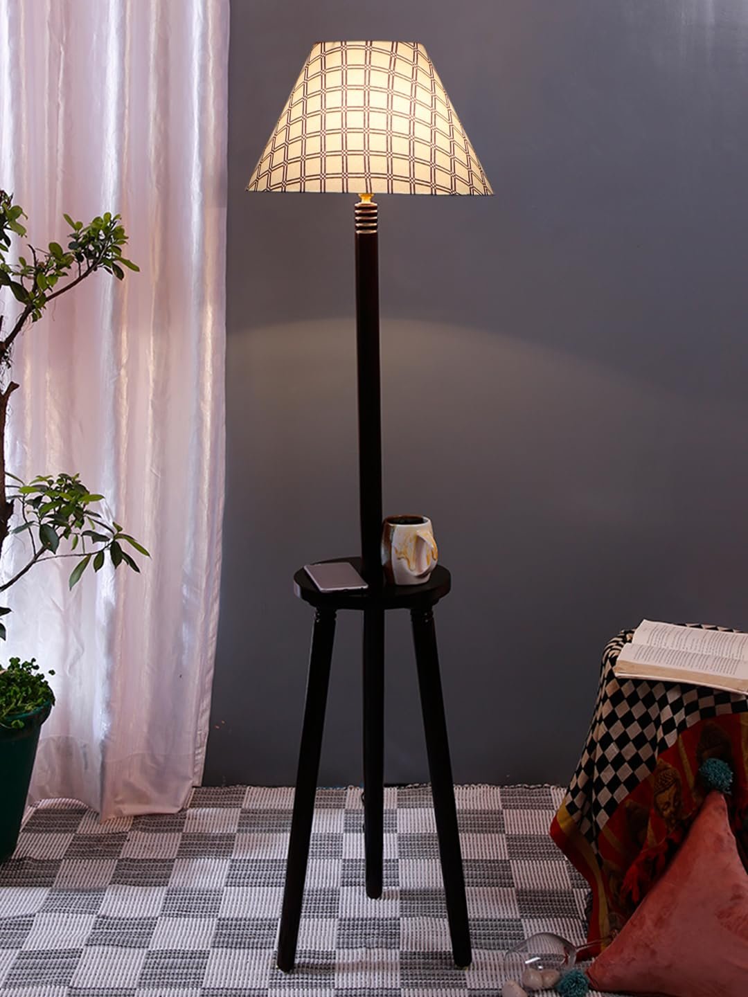 Printed Cotton Conical Wooden Floor Lamp -36-(14x55.75inches) -Tripod Brown
