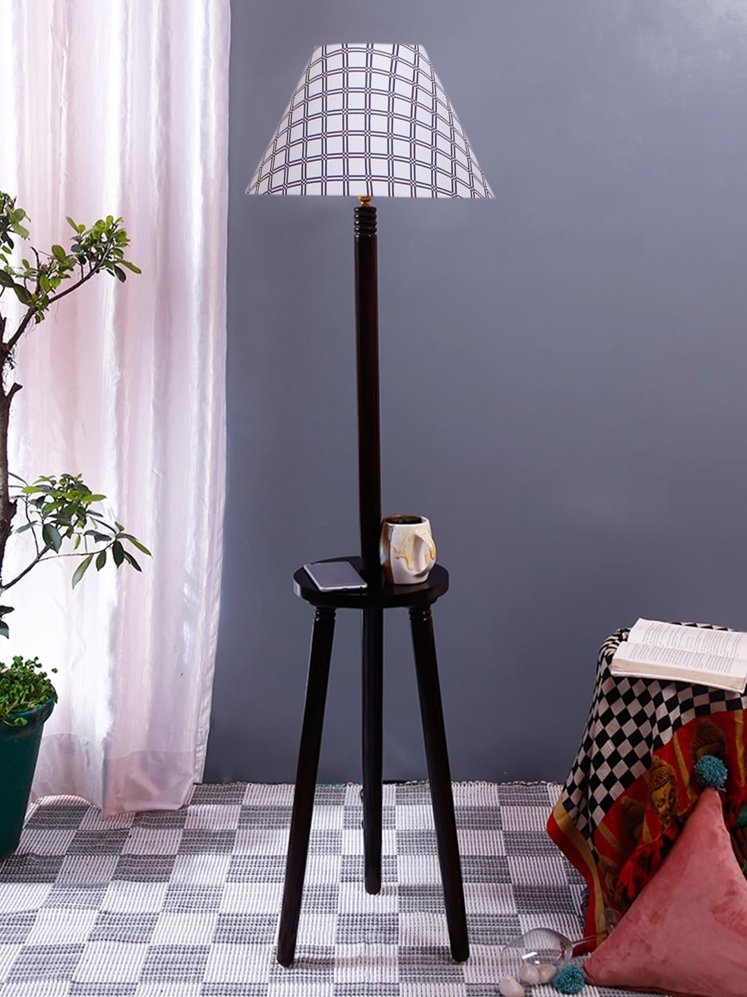 Printed Cotton Conical Wooden Floor Lamp -36-(14x55.75inches) -Tripod Brown
