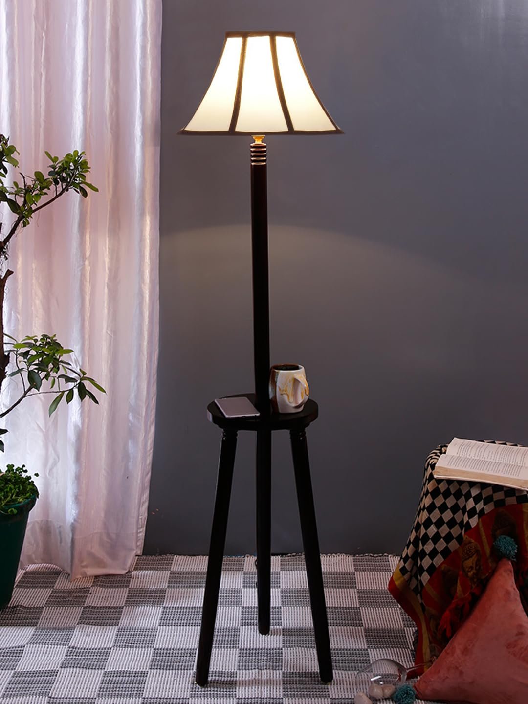 Multiclored Cotton Wooden Floor Lamp -39-(12x54.8inches) -Tripod Brown