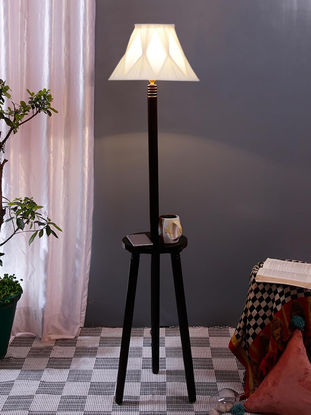 Vintage Cotton Curtain Pleated Shade Wood Floor Lamp -40(12x54.8inches)-Tripod Brown