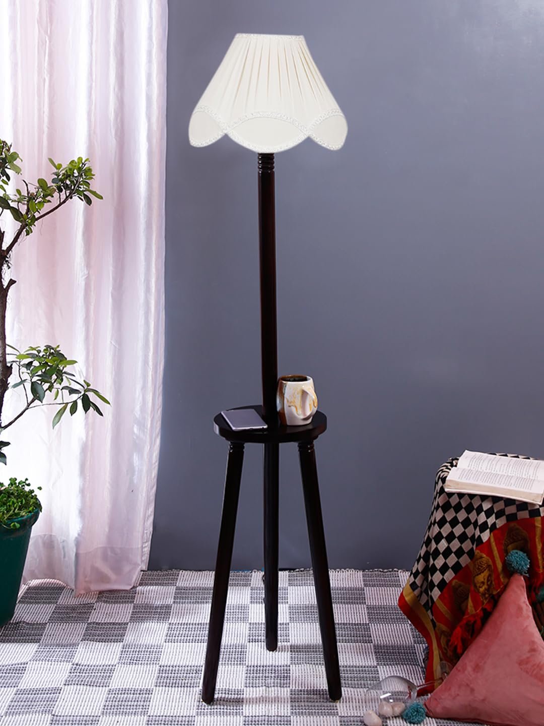 Vintage Cotton Shade Wood Floor Lamp -41-(12x54.8inches)-Tripod Brown