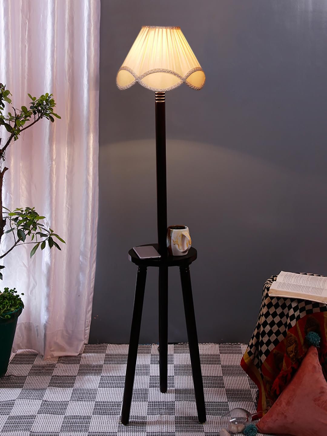 Vintage Cotton Shade Wood Floor Lamp -41-(12x54.8inches)-Tripod Brown