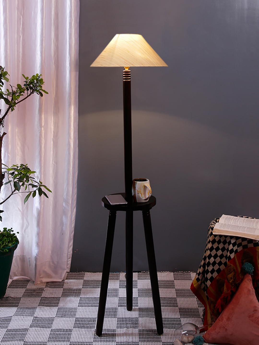 Off-White Cotton Coolie Floor Lamp -46(13x53.75inches)-Tripod Brown