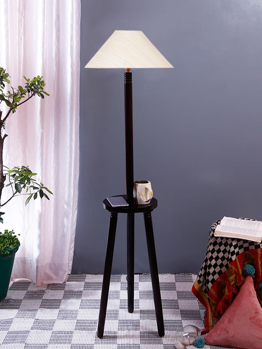 Off-White Cotton Coolie Floor Lamp -46(13x53.75inches)-Tripod Brown