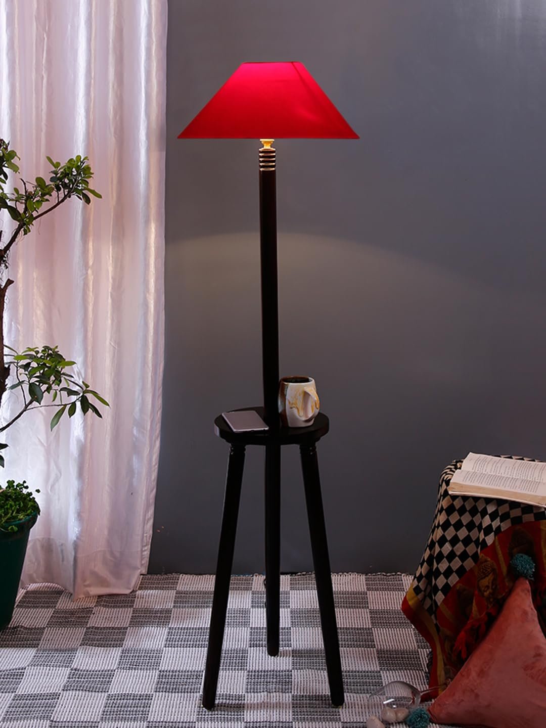 Red Cotton Coolie Floor Lamp -47 (13x53.75 inches)-Tripod Brown
