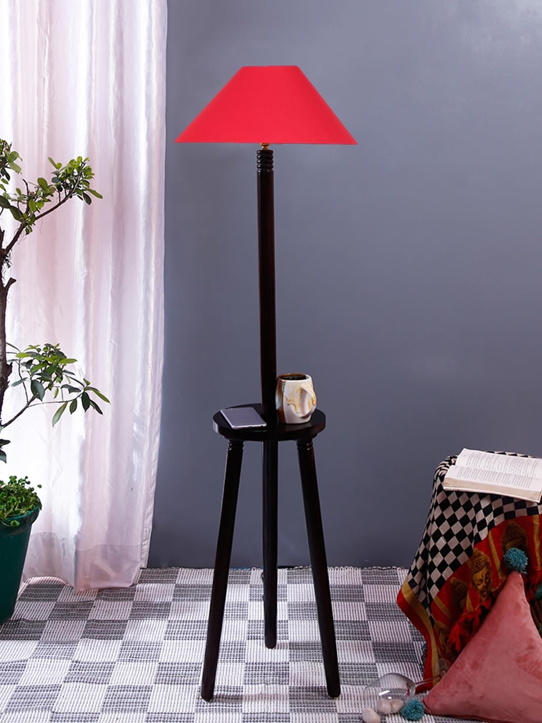 Red Cotton Coolie Floor Lamp -47 (13x53.75 inches)-Tripod Brown
