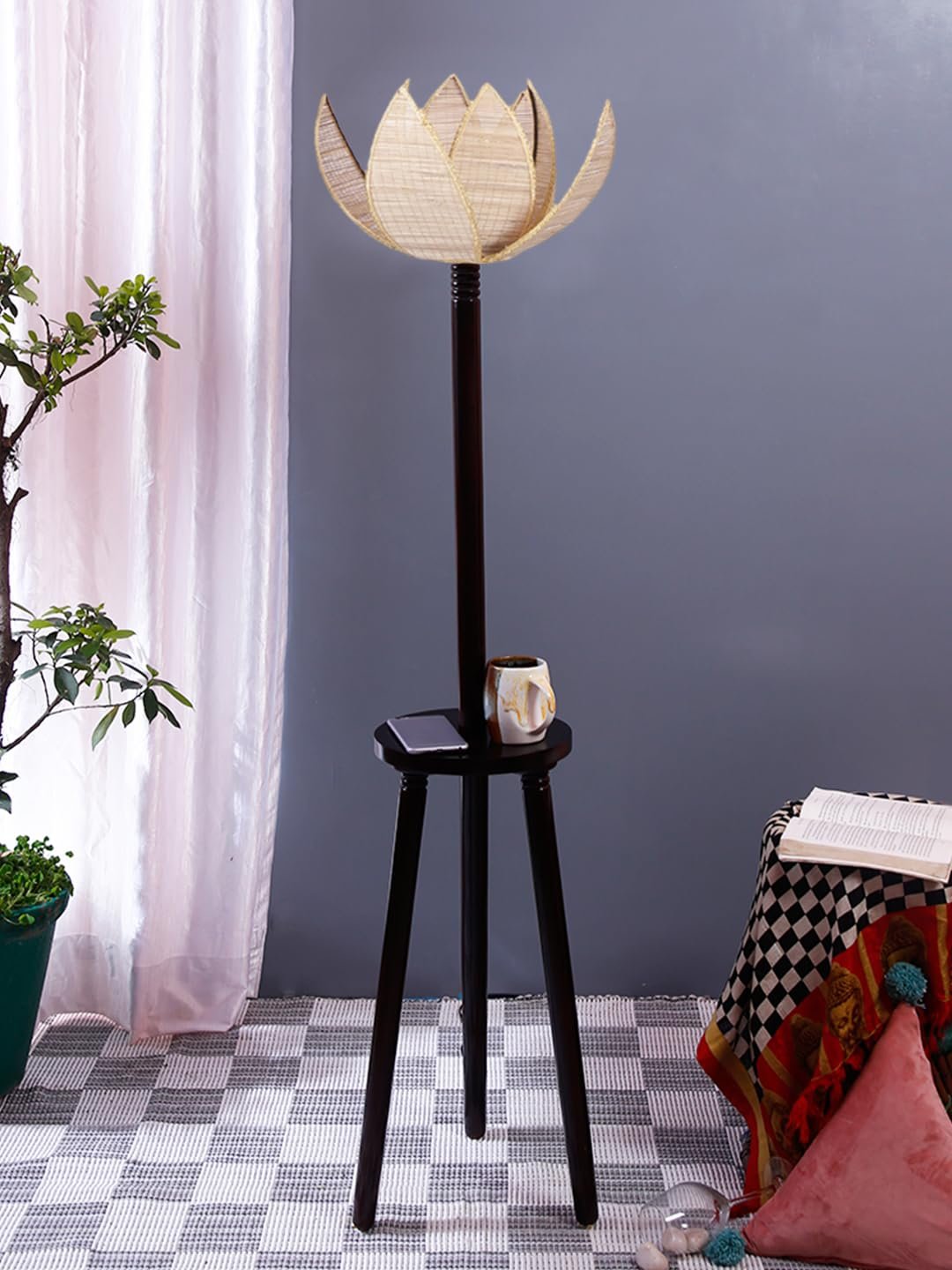 Beige Bamboo Lotus Wooden Floor lamp -54(12x56 Inches)-Tripod Brown