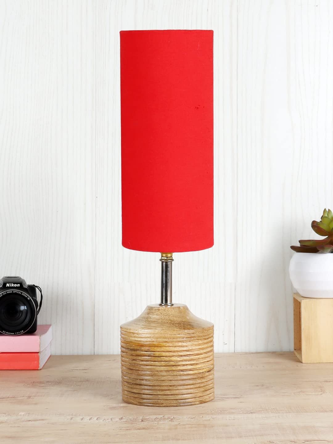Wood Table lamp with Red Cotton Shade (24)