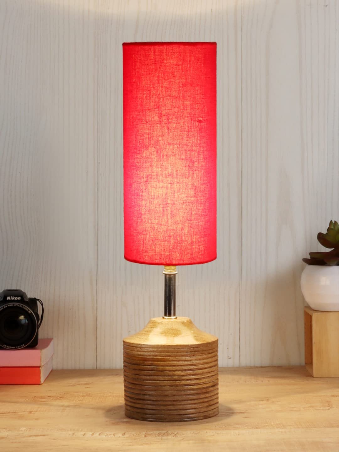 Wood Table lamp with Red Cotton Shade (24)