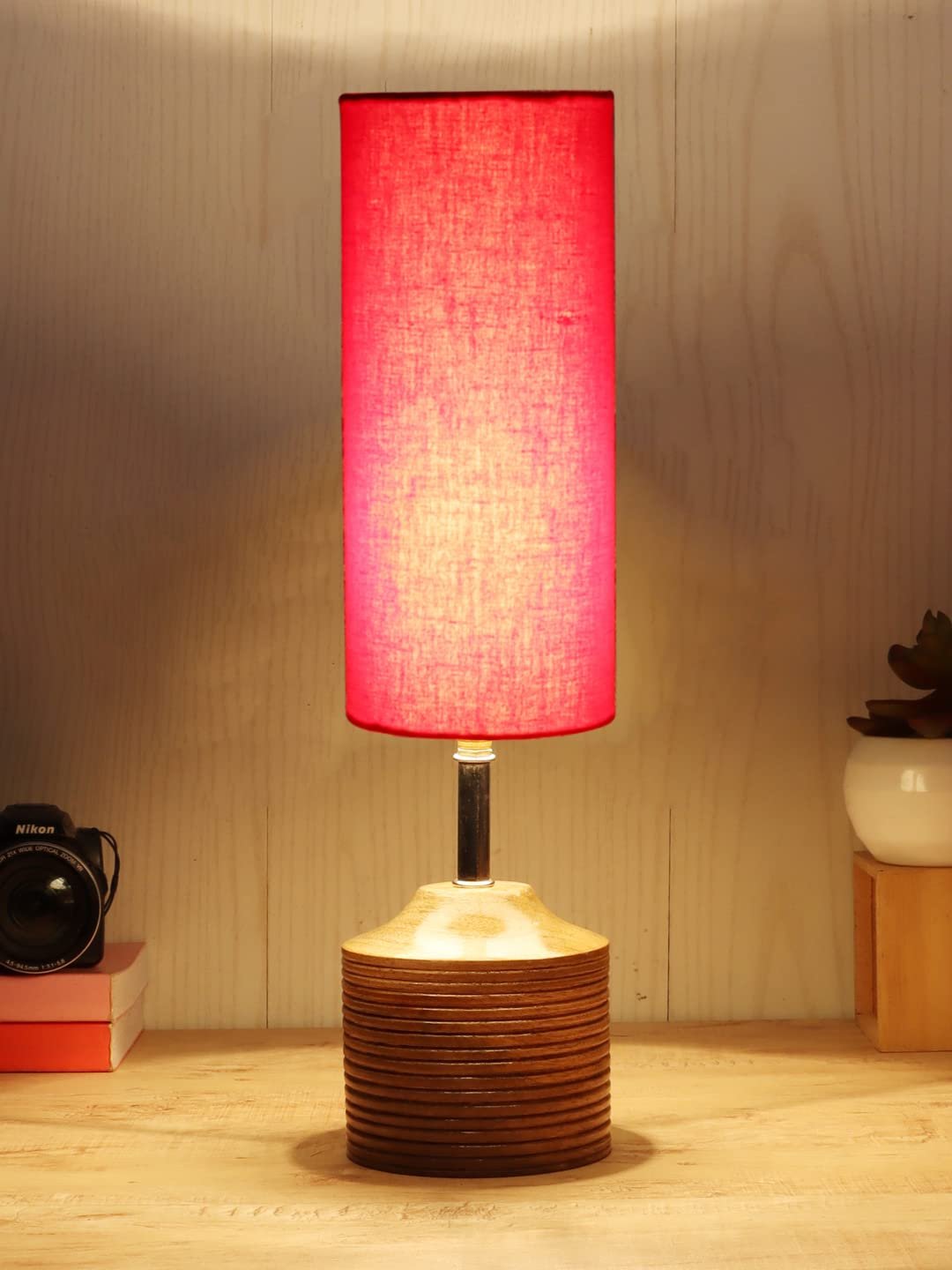 Wood Table lamp with Red Cotton Shade (24)