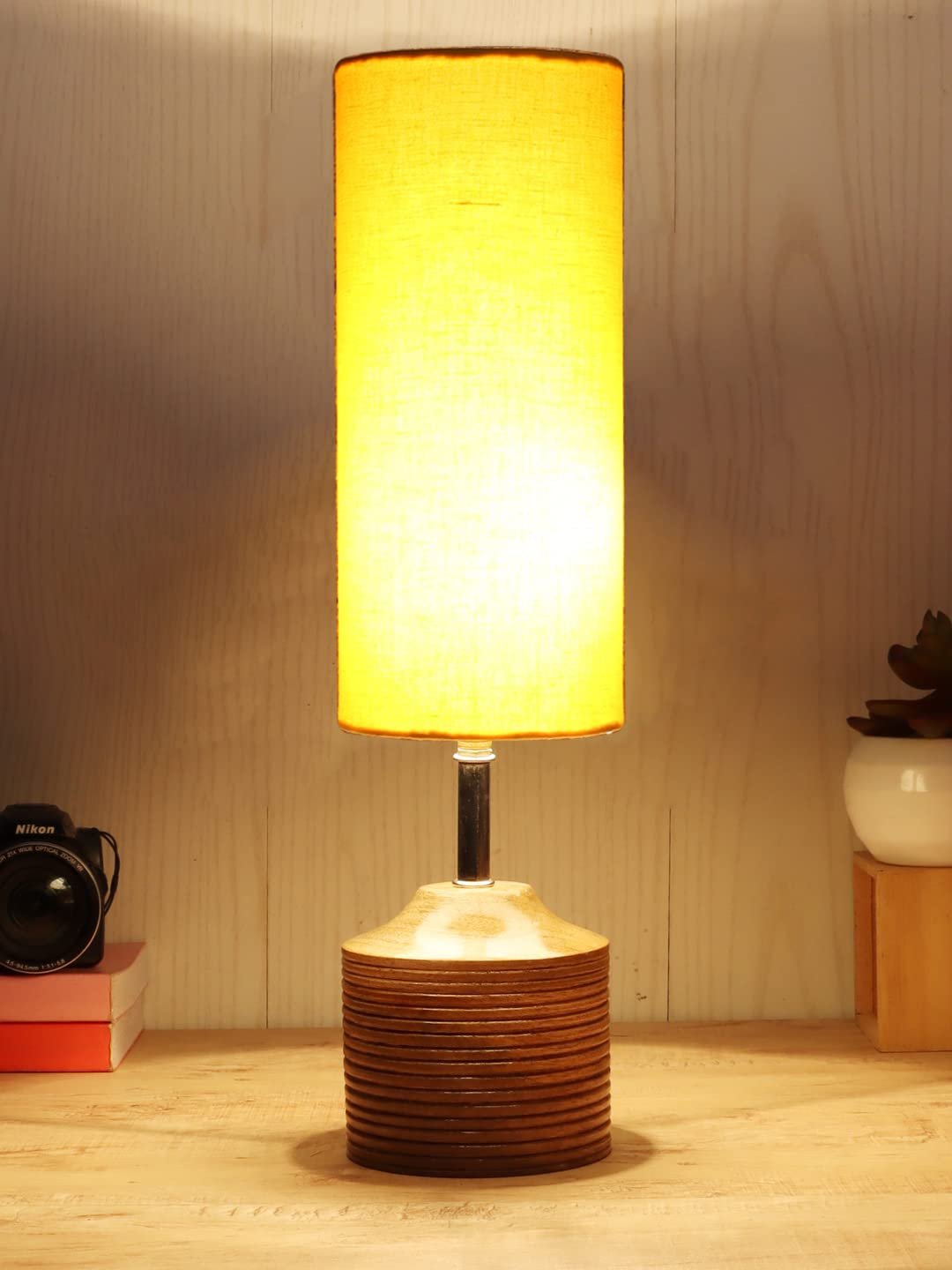 Wood Table lamp with Yellow Cotton Shade (126)