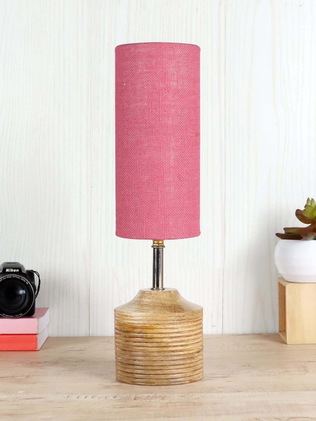 Wood Table lamp with Pink Jute Shade(31)