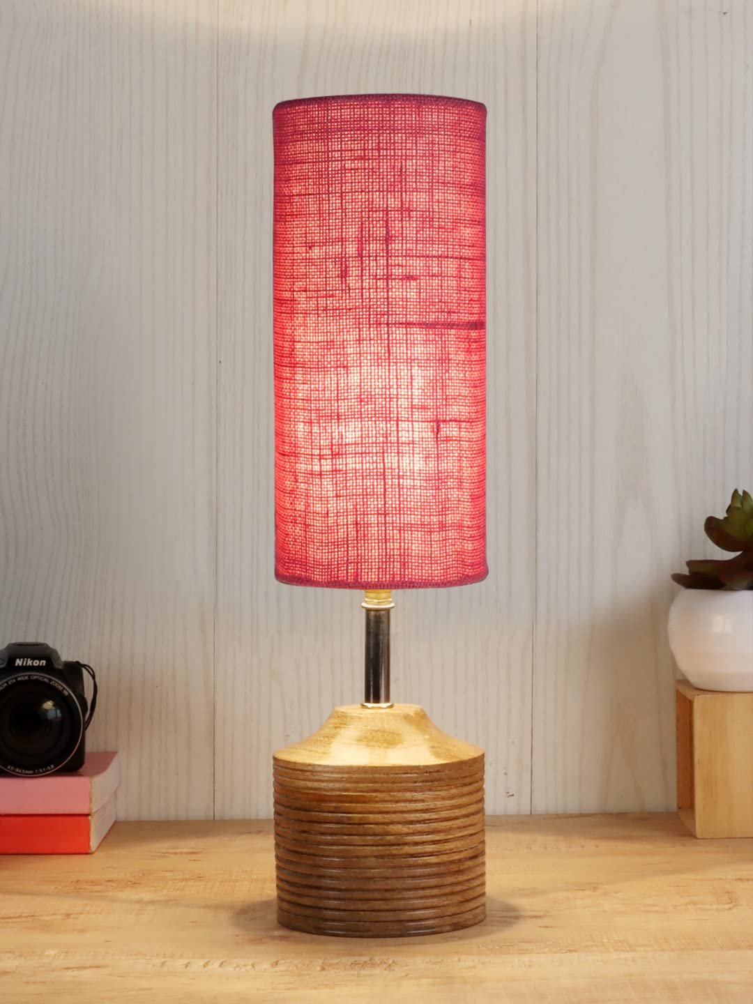 Wood Table lamp with Pink Jute Shade(31)