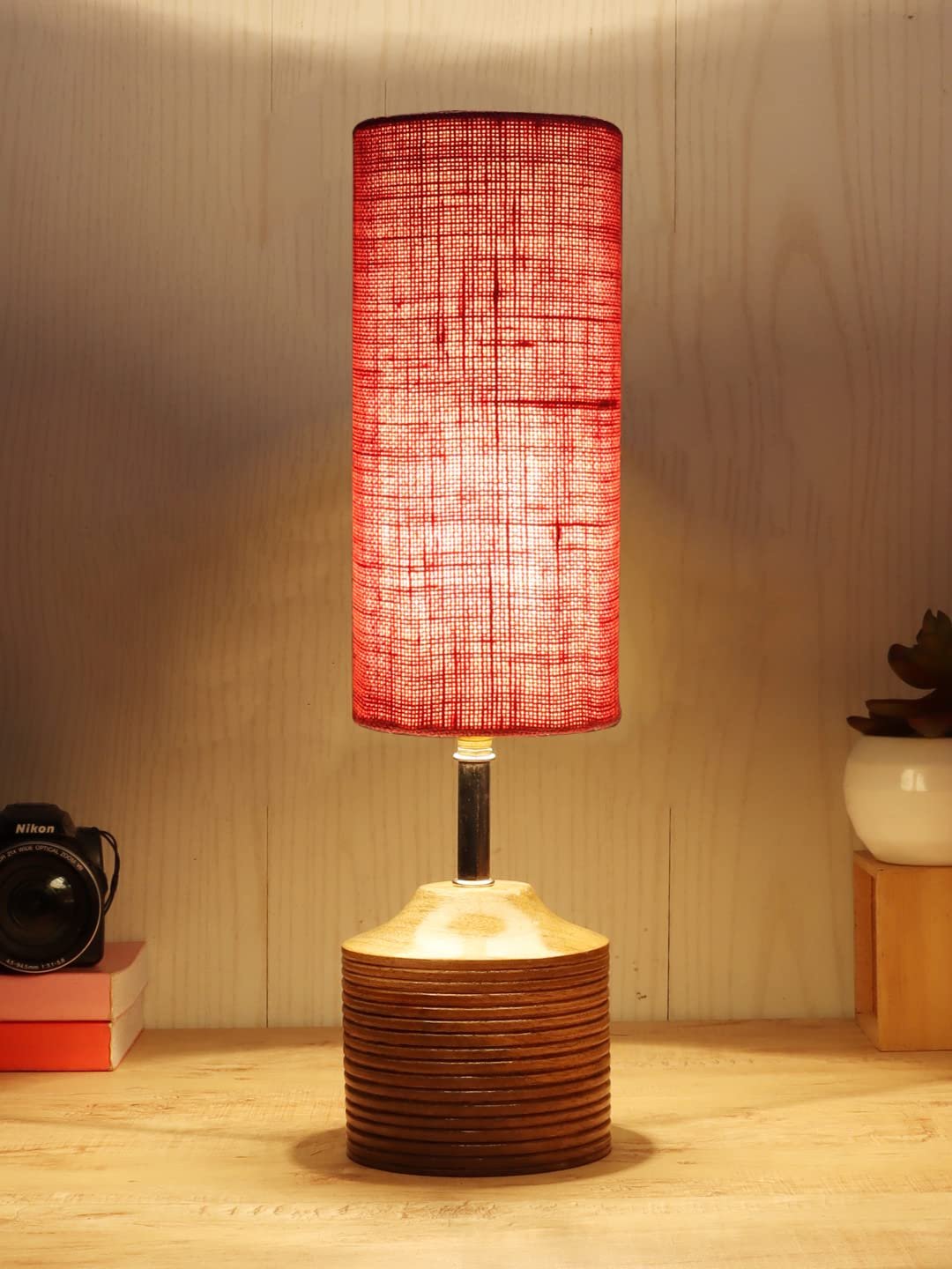 Wood Table lamp with Pink Jute Shade(31)