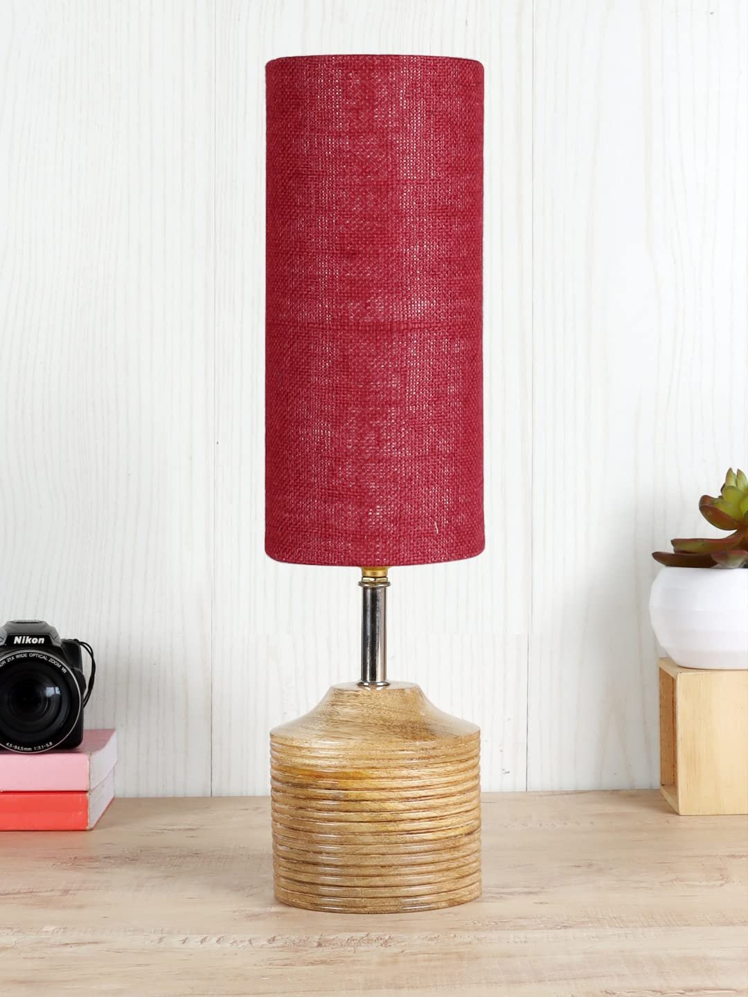 Wood Table lamp with Maroon Jute Shade(32)