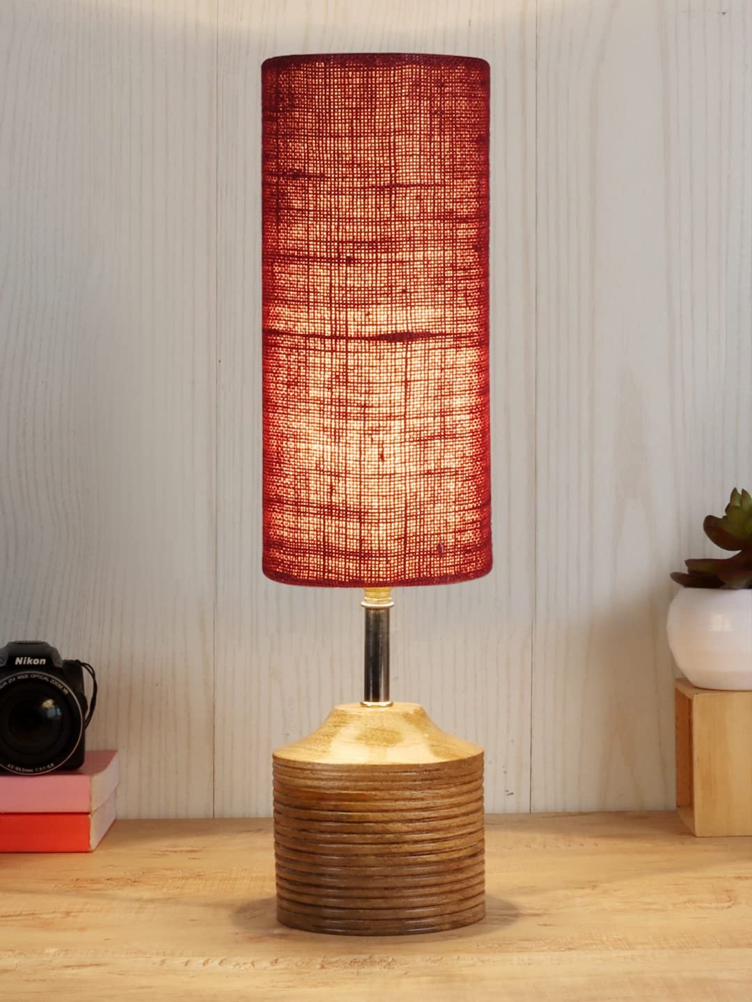 Wood Table lamp with Maroon Jute Shade(32)