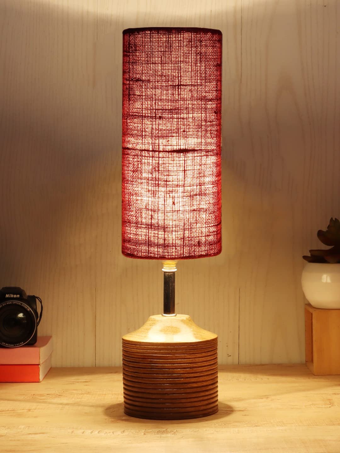 Wood Table lamp with Maroon Jute Shade(32)