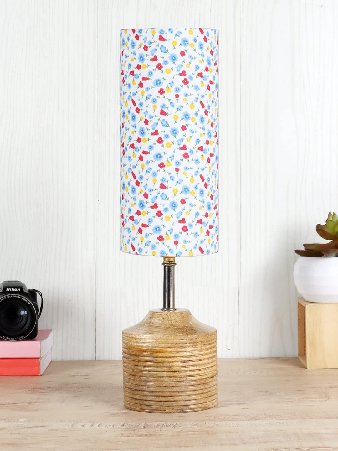Wood Table lamp with Multicolor Cotton Shade (36)