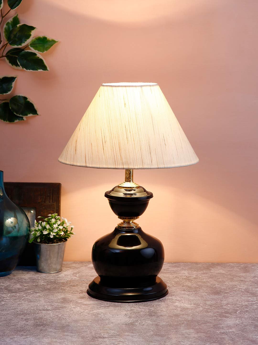 Off-White Cotton Table lamp with Black Base