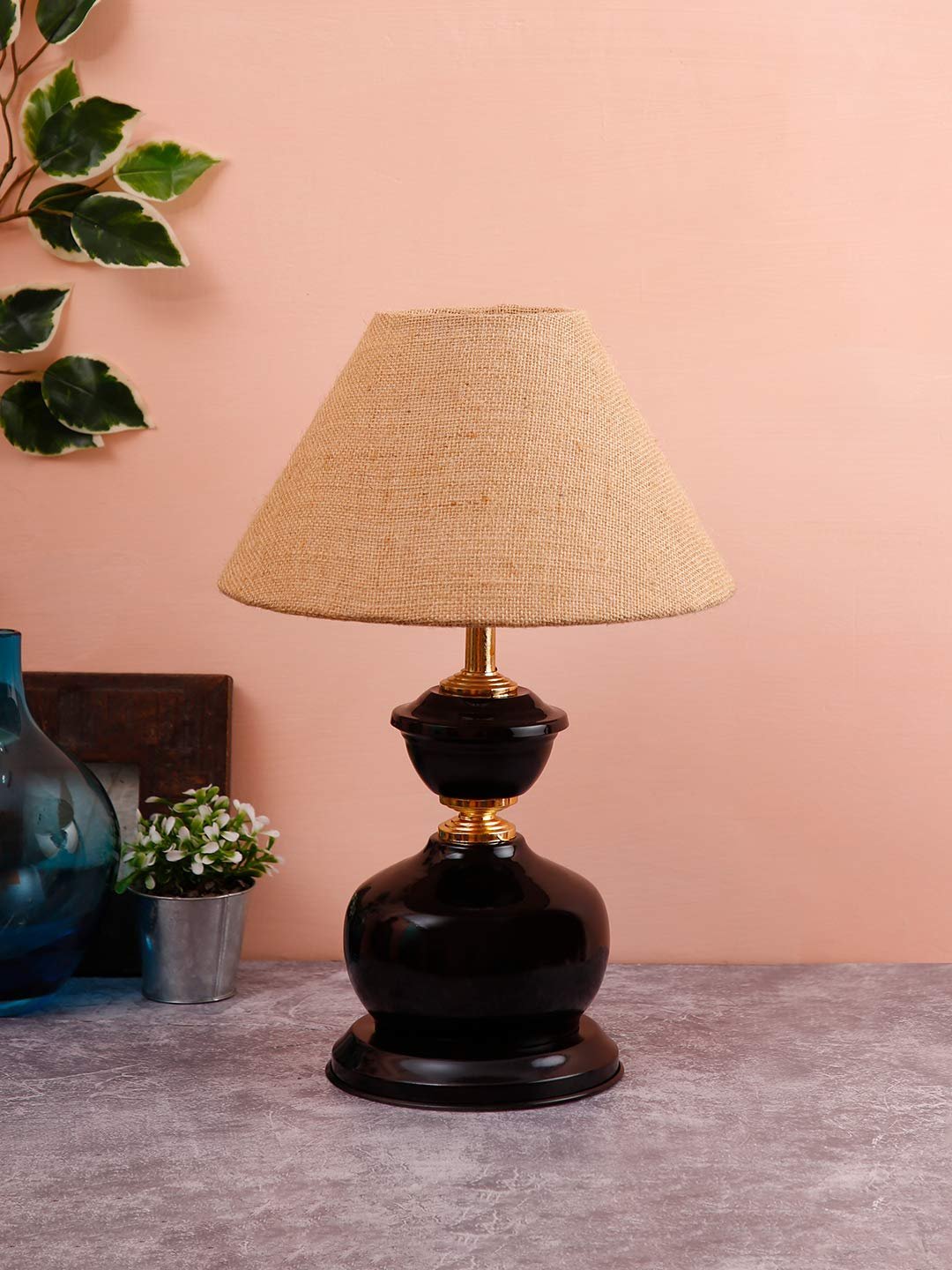 Maroon Jute Table lamp with Black Base