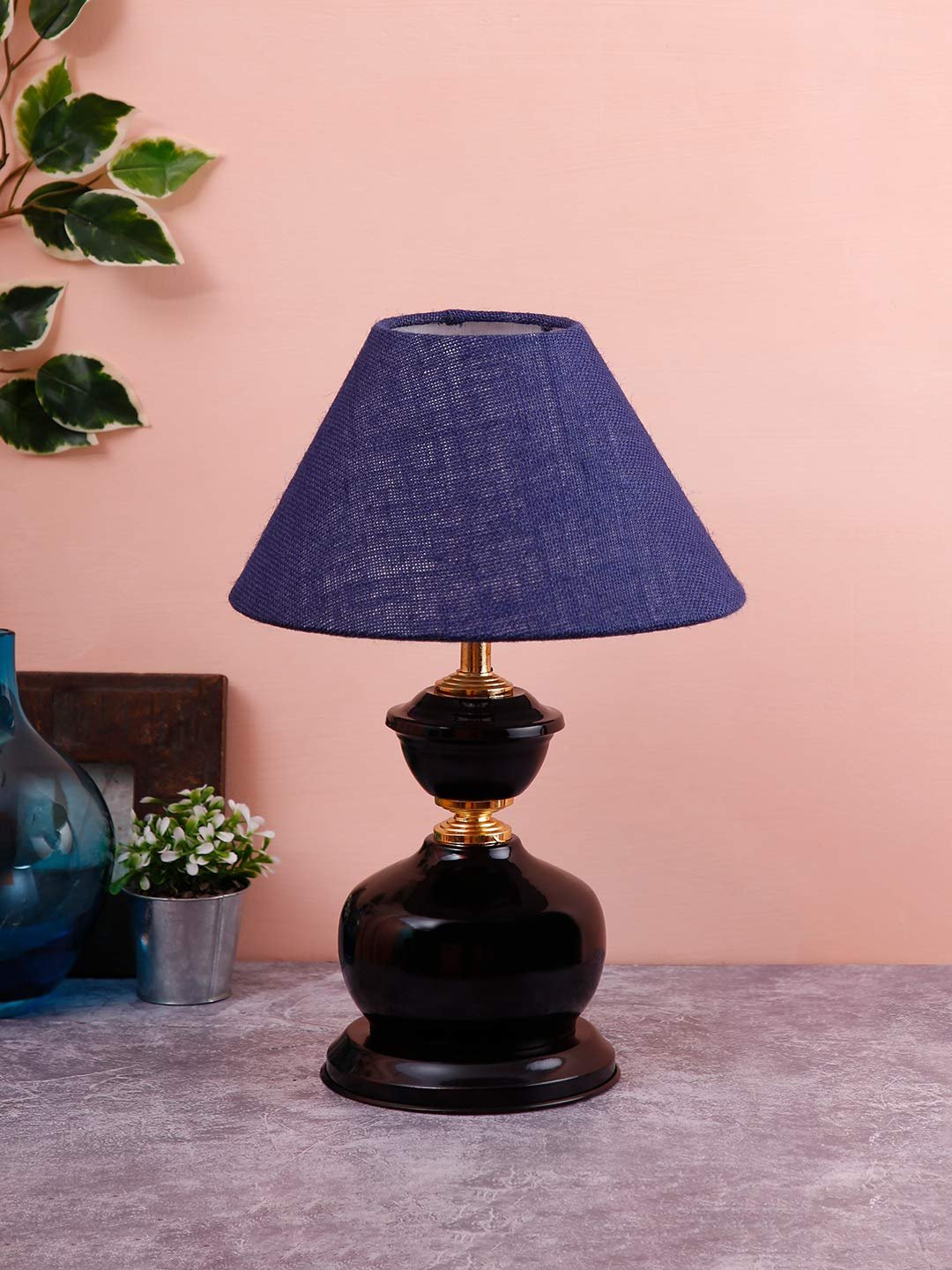 Blue Jute Table lamp with Black Base