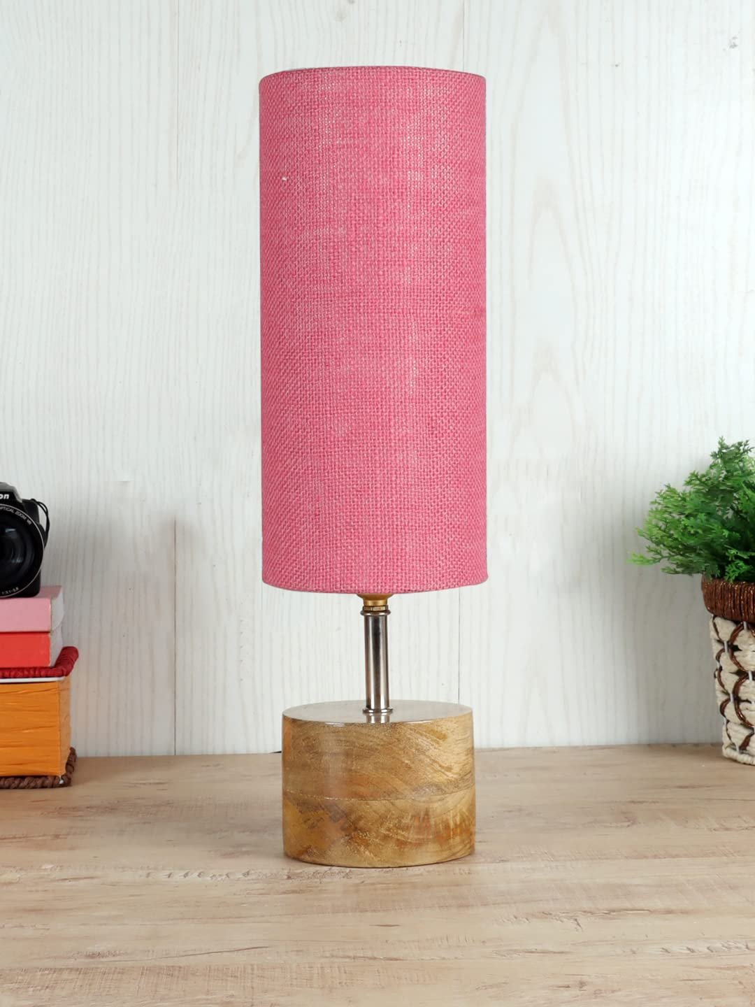 Pink Jute Shade with Wood lamp Base(099)