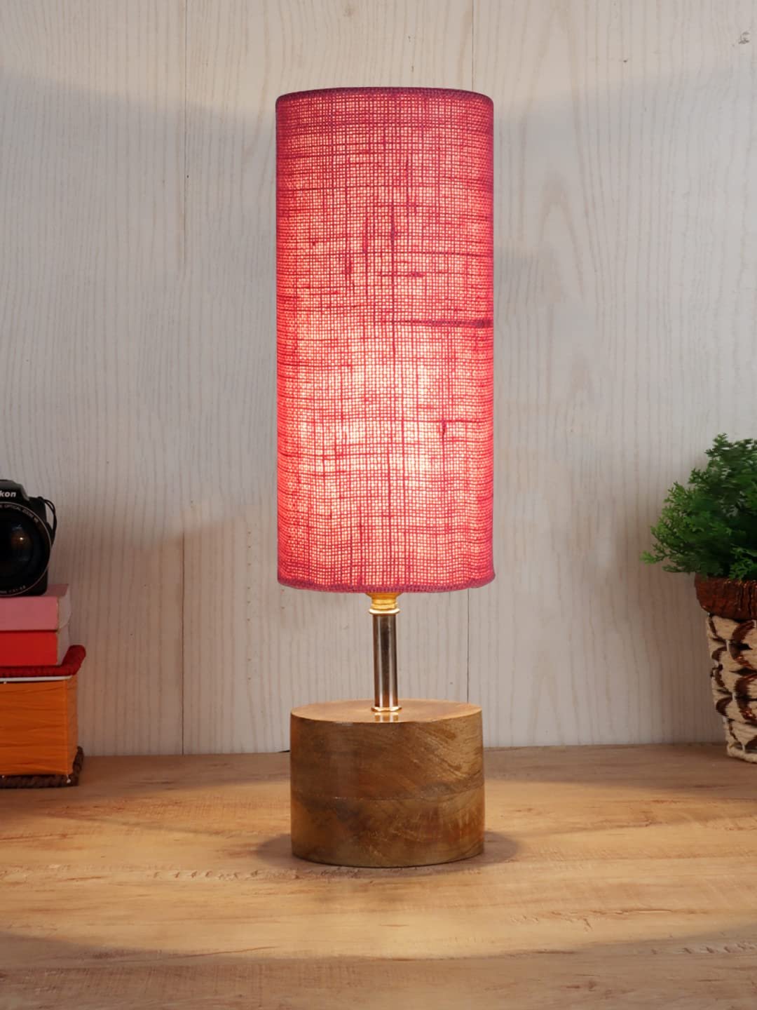 Pink Jute Shade with Wood lamp Base(099)