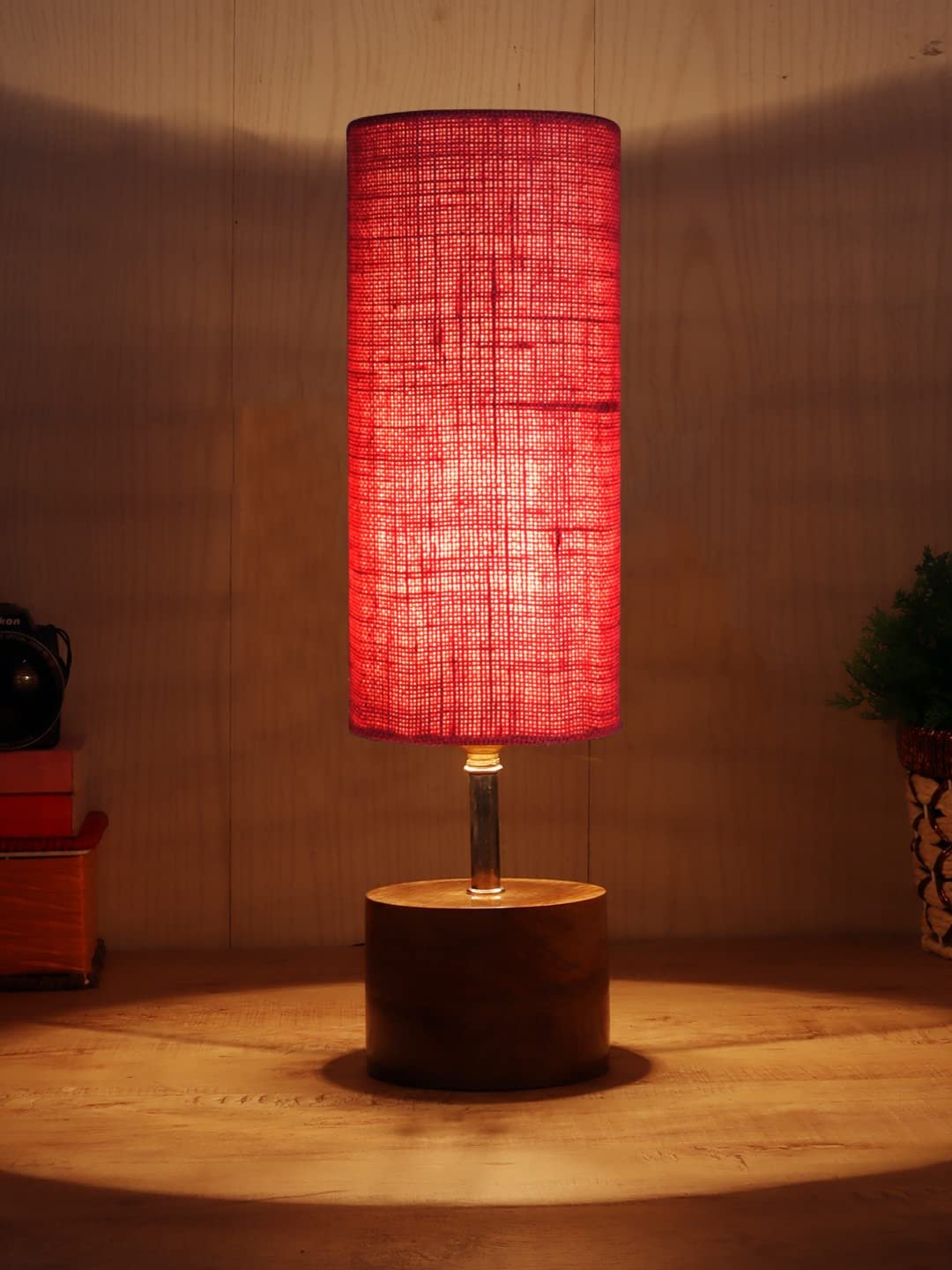 Pink Jute Shade with Wood lamp Base(099)