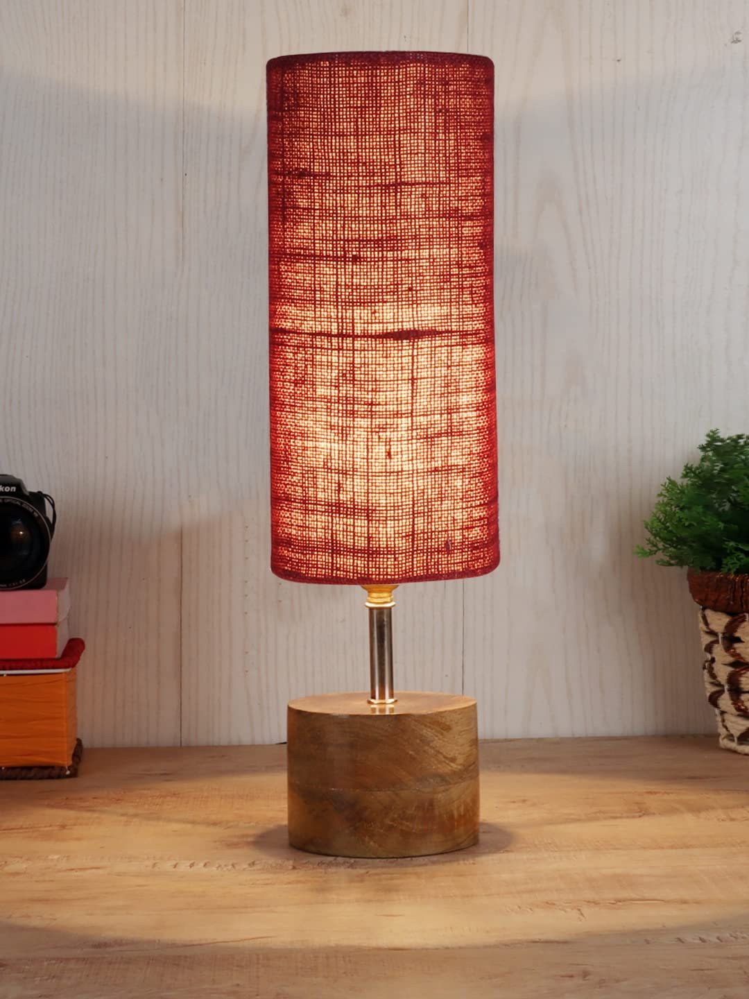 Maroon Jute Shade with Wood lamp Base(098)