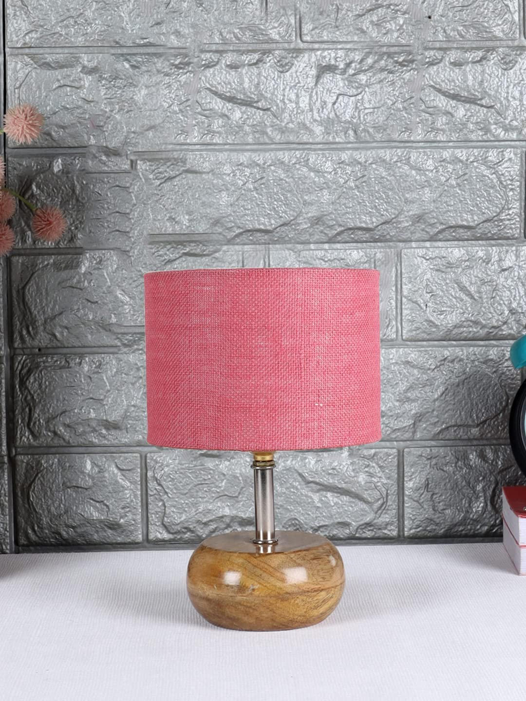 Pink Jute Shade with Wood lamp Base(CI)