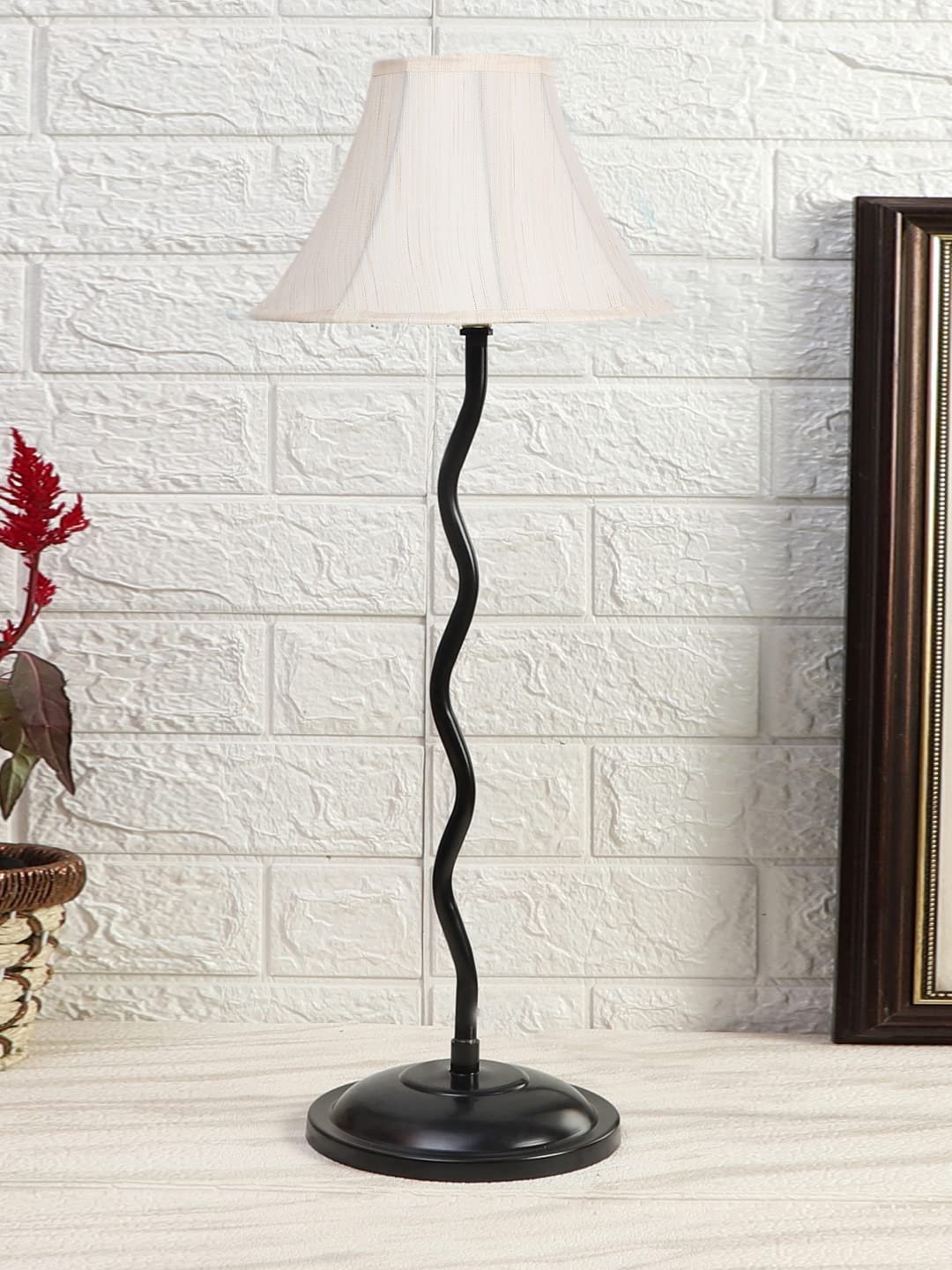Off White Cotton Table lamp with Iron Zig Zag Lamp (12x24.2) Inches -2
