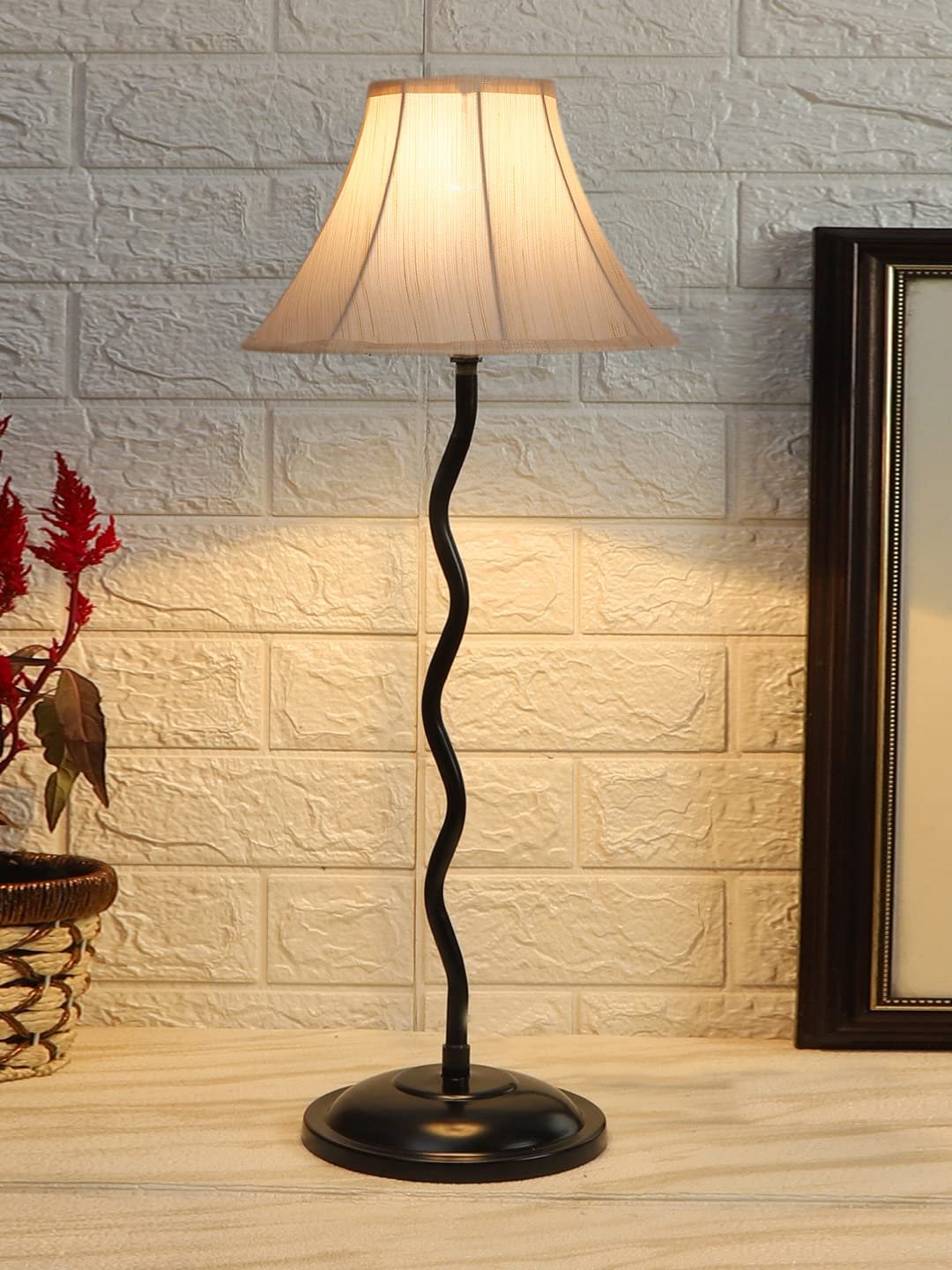 Off White Cotton Table lamp with Iron Zig Zag Lamp (12x24.2) Inches -2
