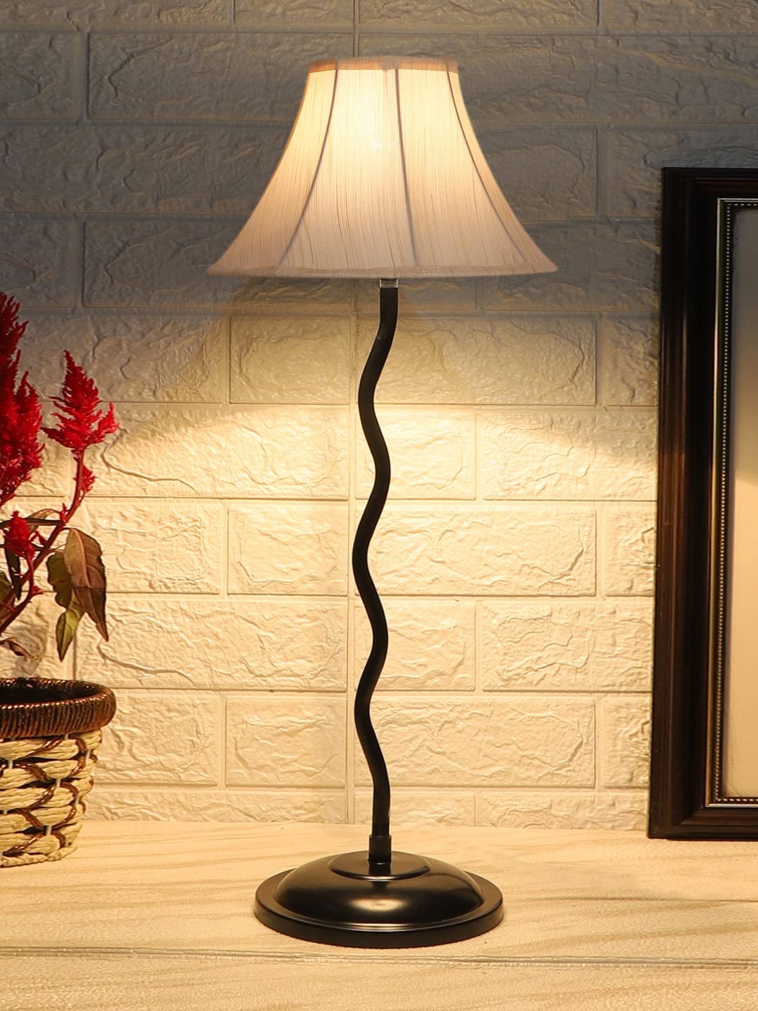 Off White Cotton Table lamp with Iron Zig Zag Lamp (12x24.2) Inches -2