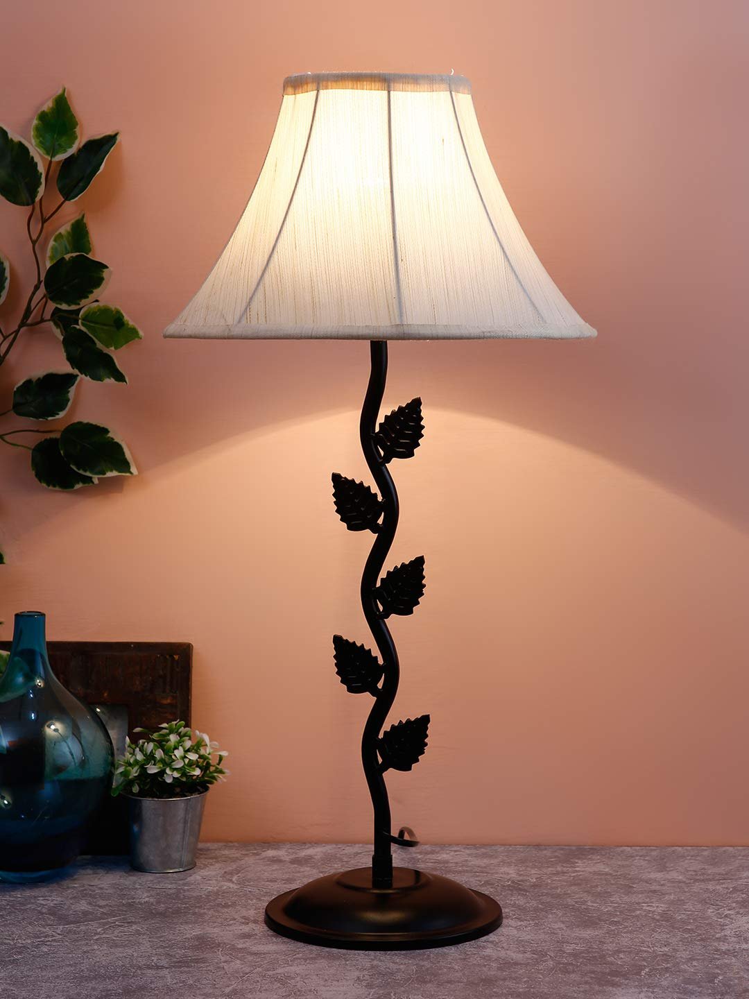 Off White Cotton Table lamp with Iron Leaf lamp (12x24.2) Inches -14