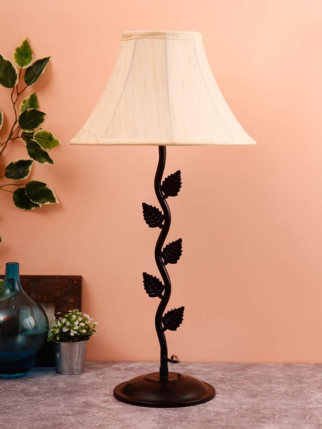 Off White Cotton Table lamp with Iron Leaf lamp (12x24.2) Inches -14