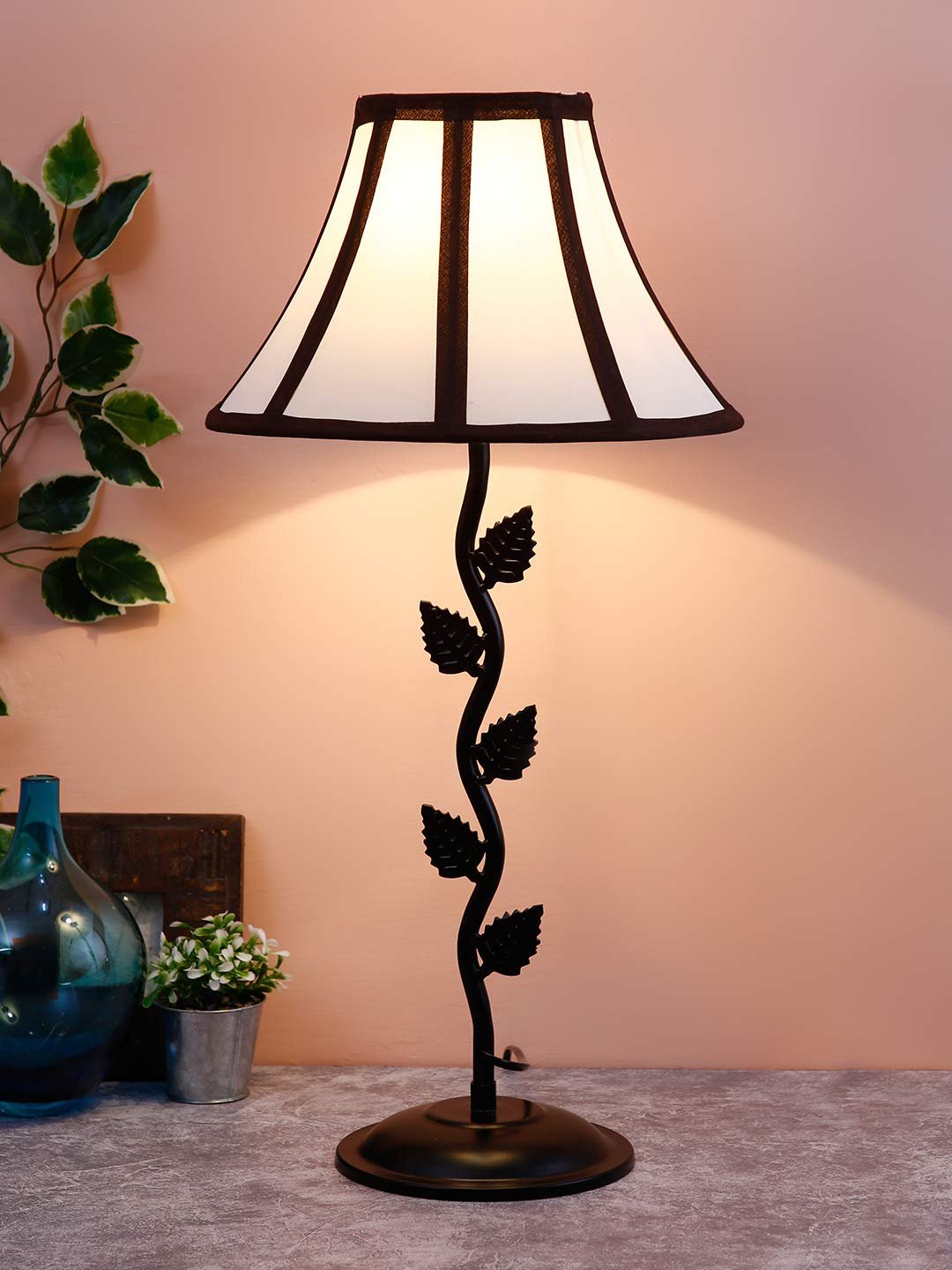 Multicolor Cotton Table lamp with Leaf Iron Lamp (12x24.2) Inches -15