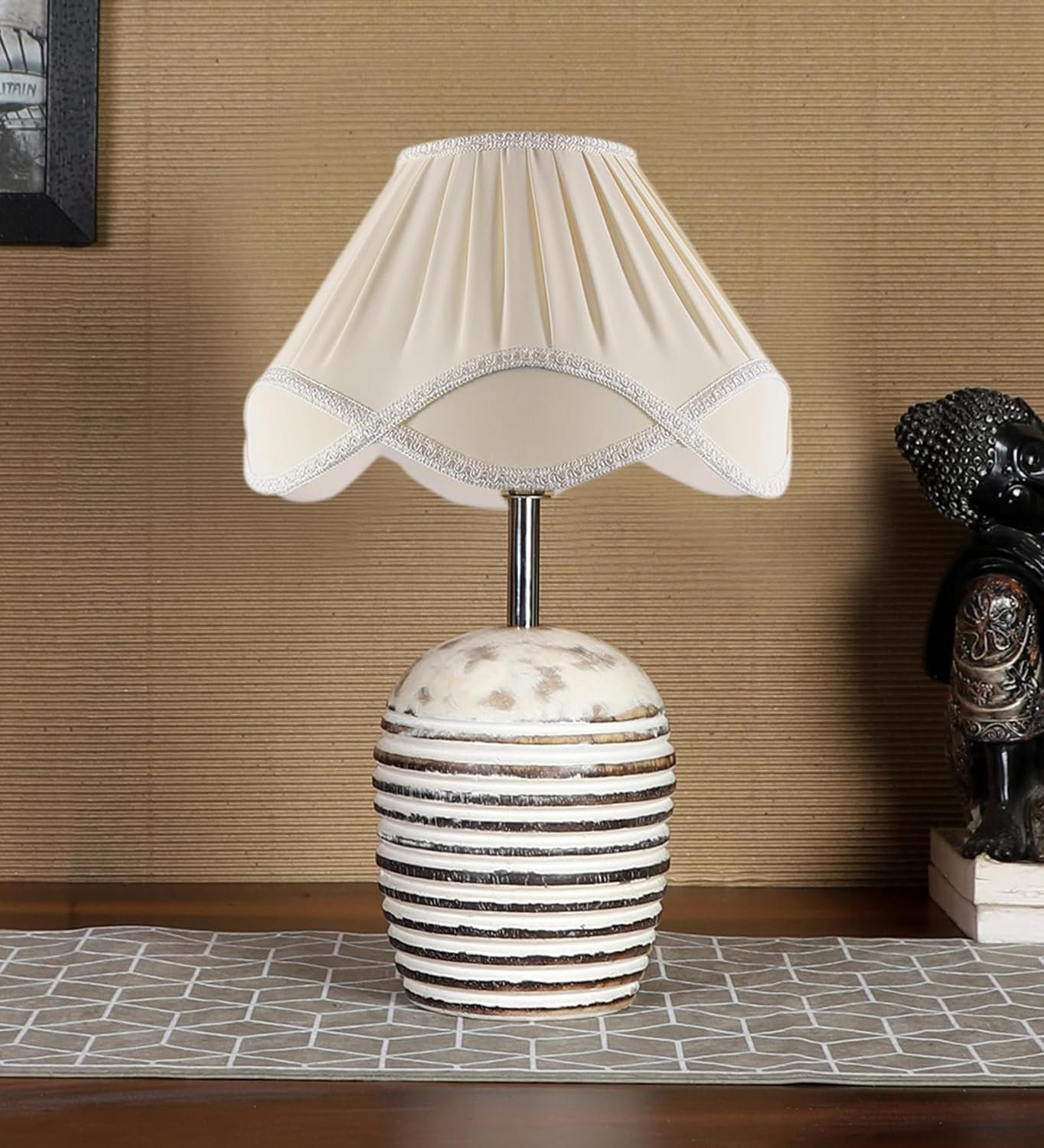 Vintage Off-White Shade with Round Wood White Brushed (12x16) inches -24