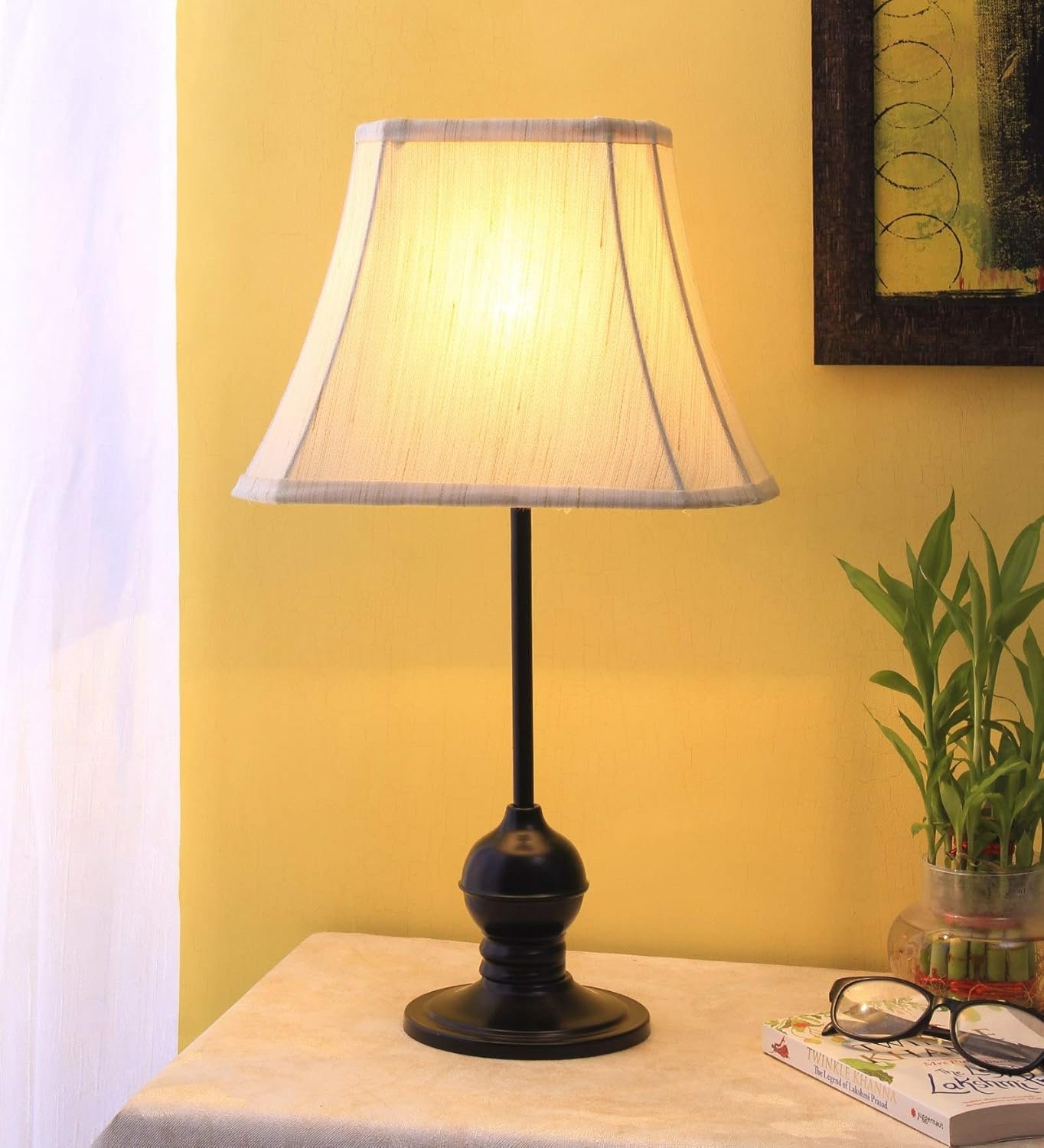 Taj Cotton Off-White Shade with Iron Table Lamp -(12x8x20.5) inches -28