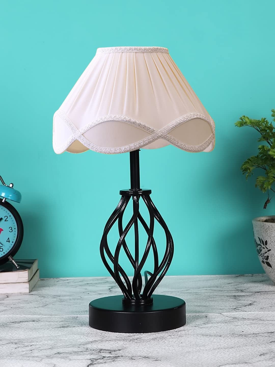 Off-White Vintage Cotton Table lamp with Iron & Wood Black Base (12x17 inches)-44
