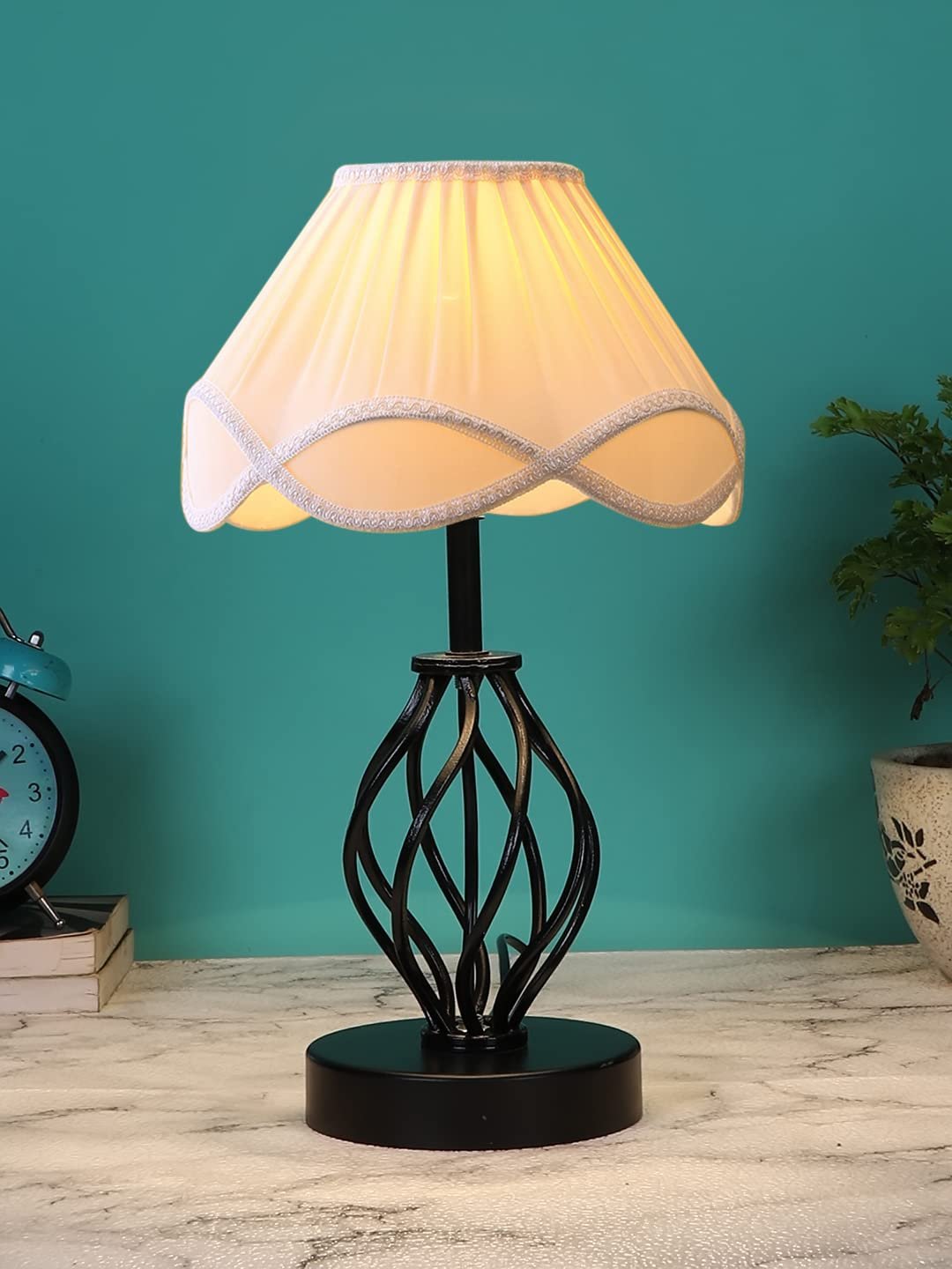 Off-White Vintage Cotton Table lamp with Iron & Wood Black Base (12x17 inches)-44