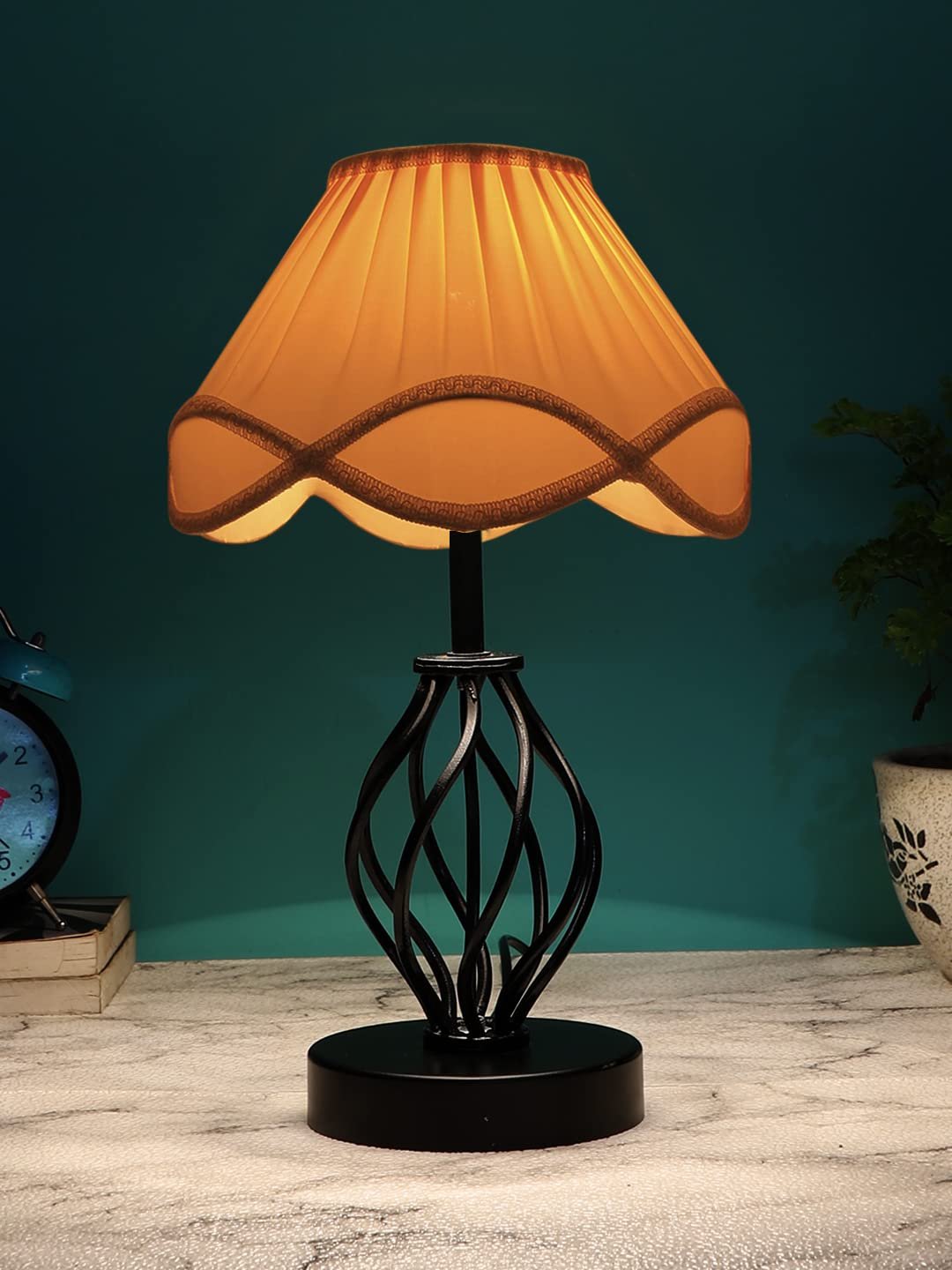 Off-White Vintage Cotton Table lamp with Iron & Wood Black Base (12x17 inches)-44
