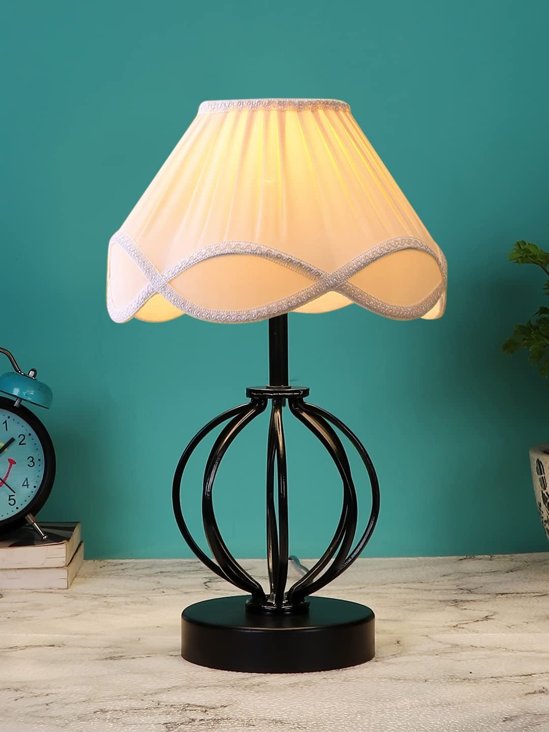 Off-White Vintage Cotton Table lamp with Iron & Wood Black Base (12x17 inches)-46