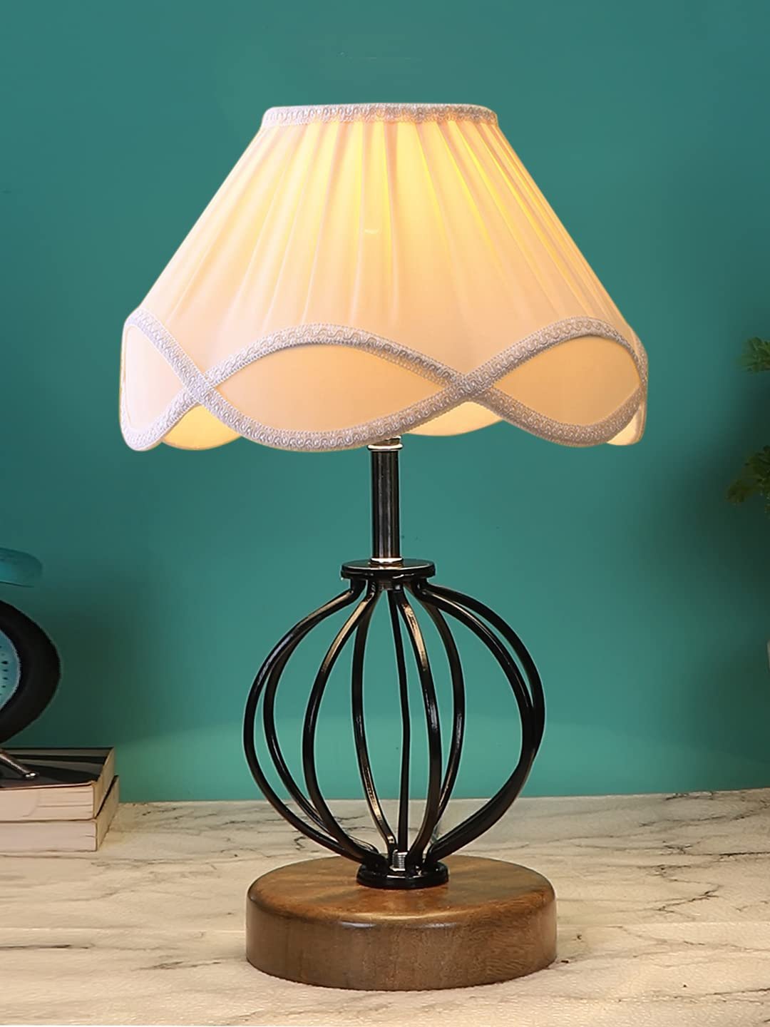 Off-White Vintage Cotton Table lamp with Iron & Wood Natural Base (12x17 inches)-48