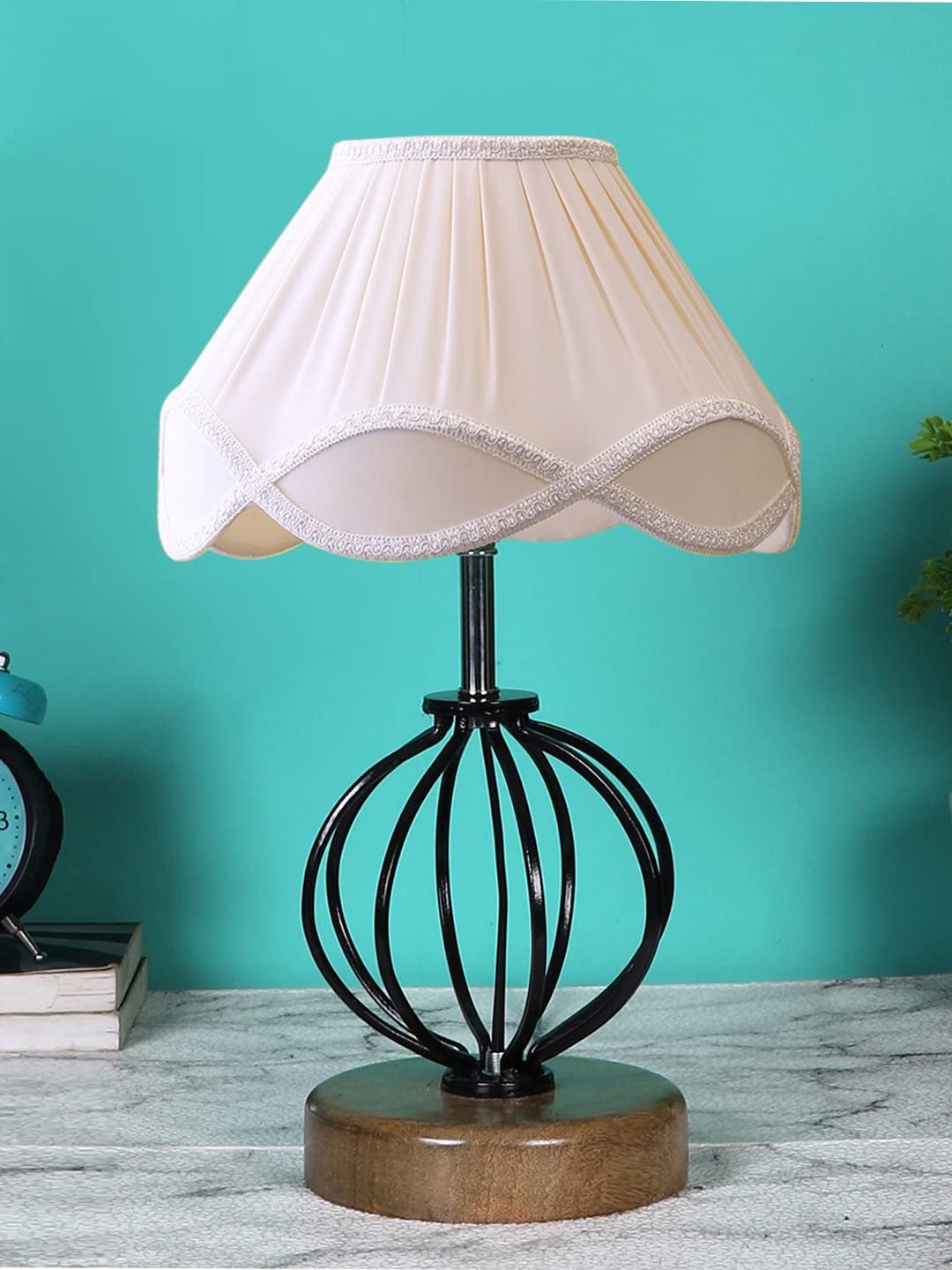 Off-White Vintage Cotton Table lamp with Iron & Wood Natural Base (12x17 inches)-48